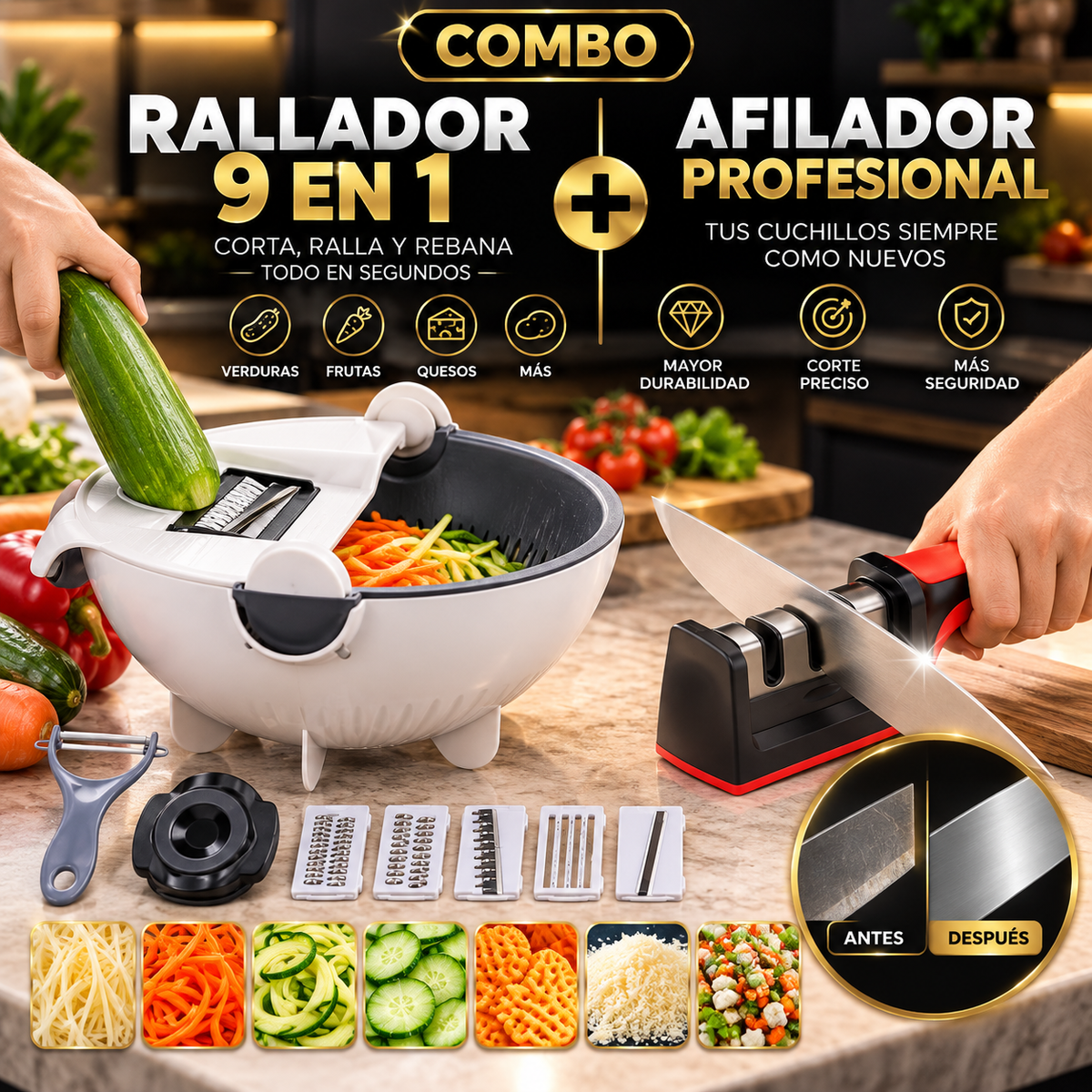 COMBO 1 RALLADOR 9 EN 1 + 1 AFILADOR DE CUCHILLOS