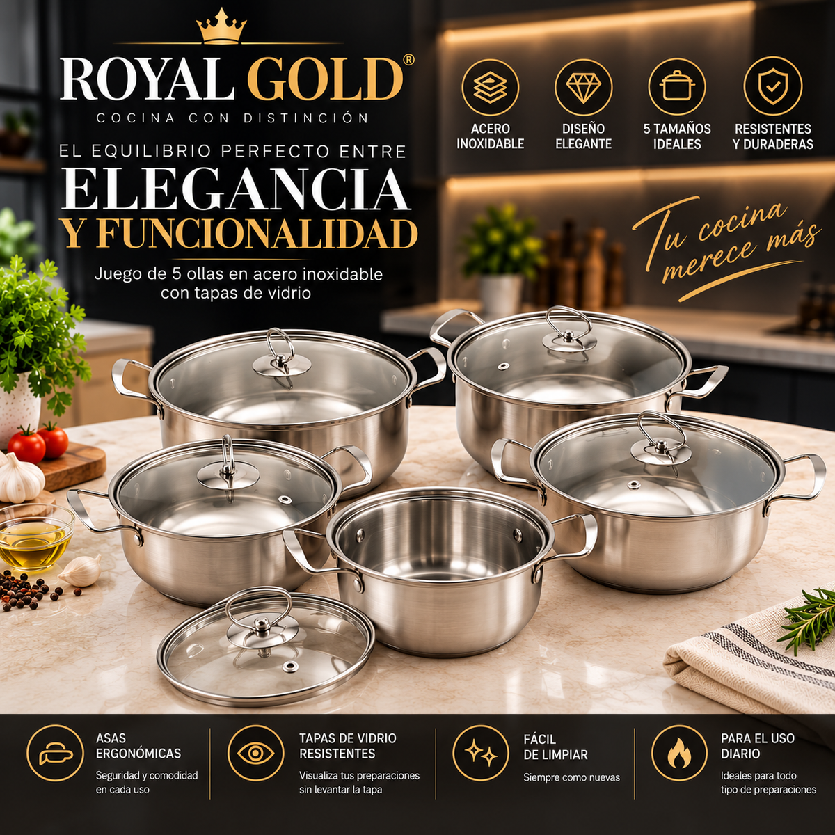 JUEGO DE OLLAS ROYAL GOLD TAPA VIDRIO+ GRATIS LIBRO RECETARIO EXCLUSIVO