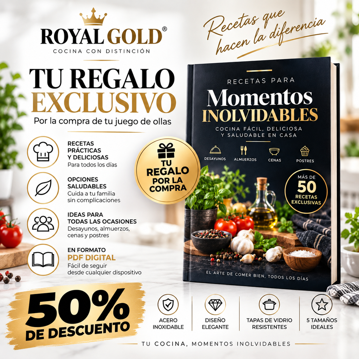 JUEGO DE OLLAS ROYAL GOLD + GRATIS LIBRO RECETARIO EXCLUSIVO
