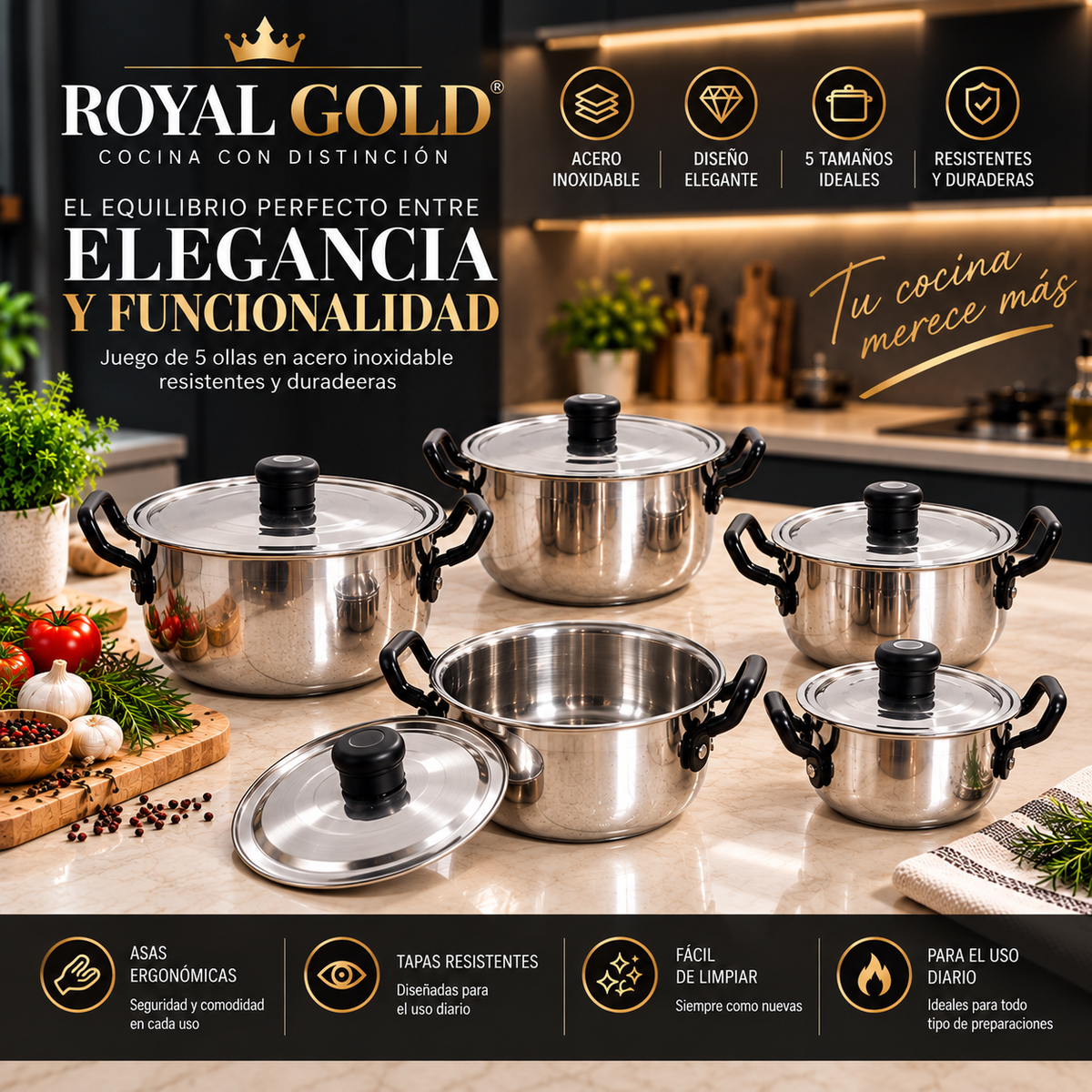 JUEGO DE OLLAS ROYAL GOLD + GRATIS LIBRO RECETARIO EXCLUSIVO