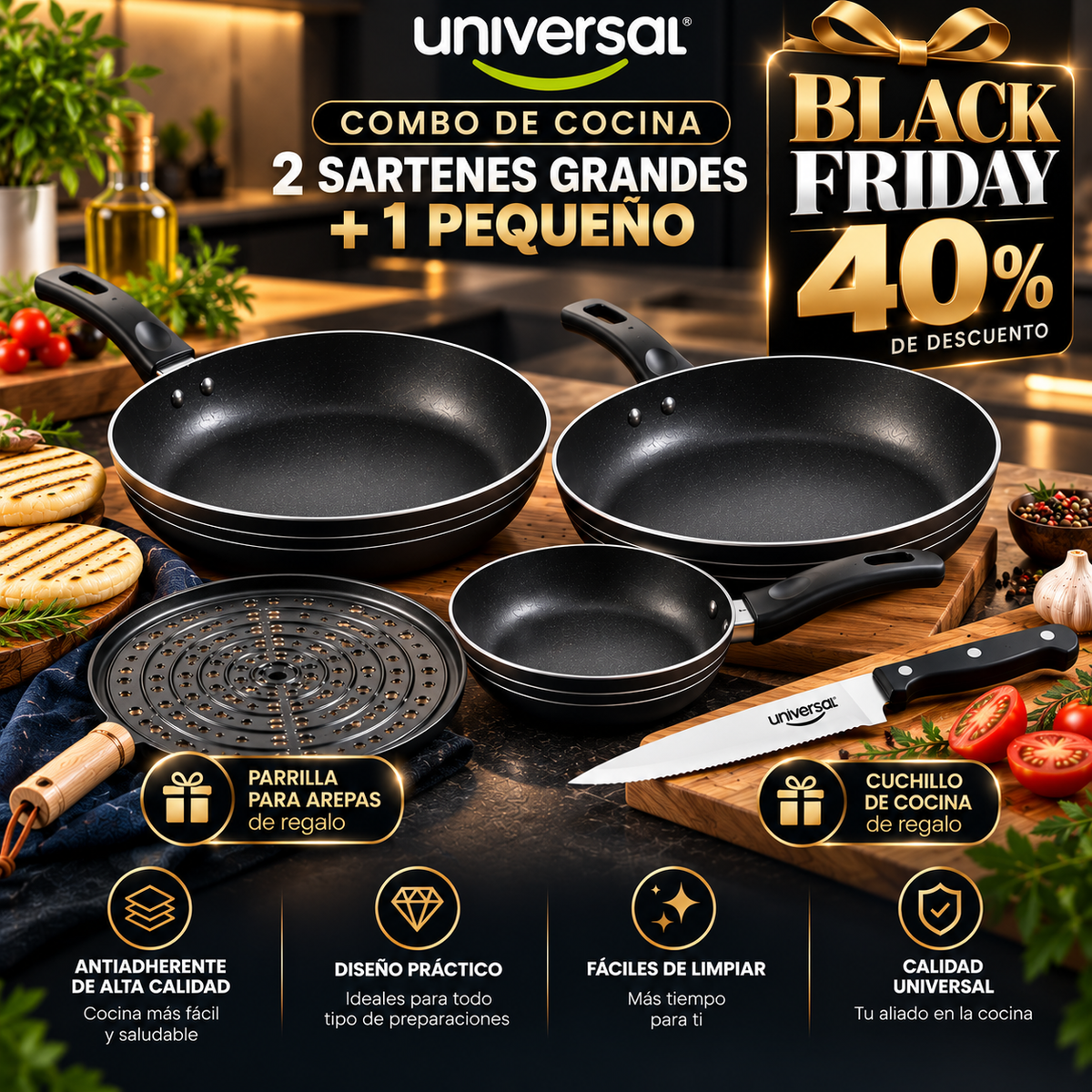 JUEGO DE 3 SARTENES GOLD ANTIADHERENTES + 3 OBSEQUIOS