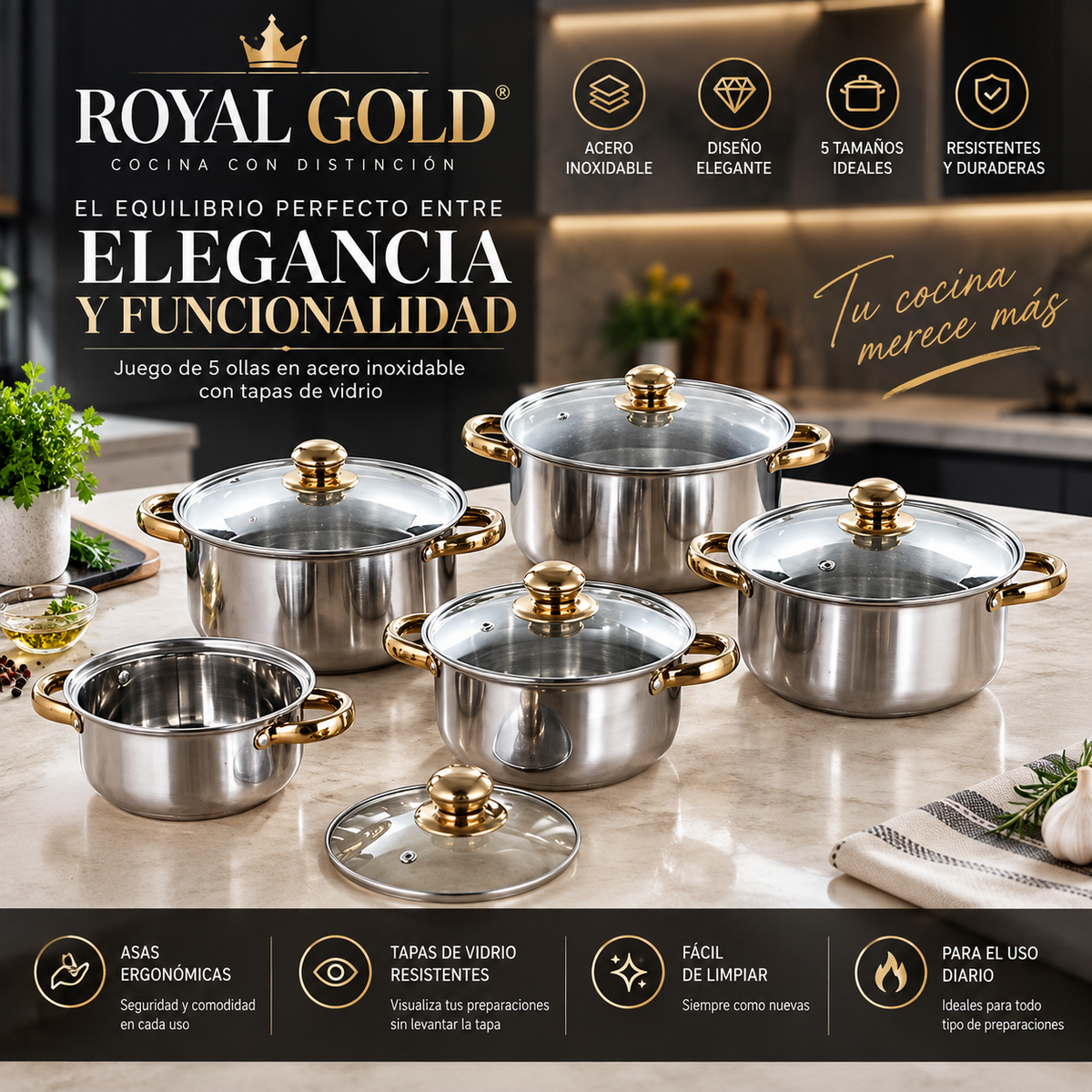 JUEGOS DE OLLAS ROYAL GOLD + GRATIS LIBRO RECETARIO EXCLUSIVO