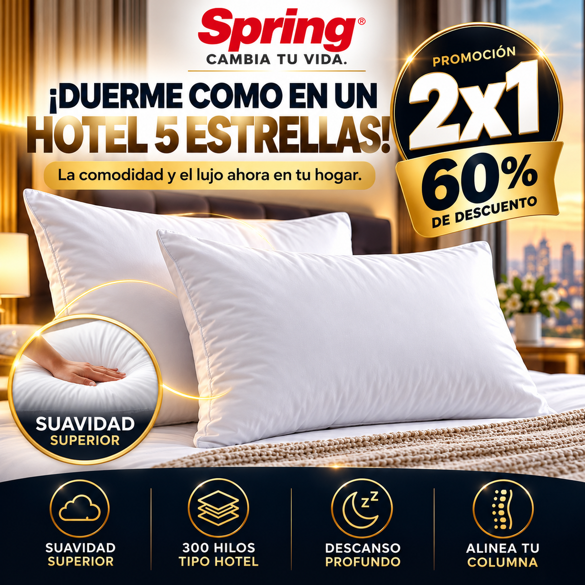 ALMOHADA HOTELERA EN TELA 300 HILOS 50X70 +GRATIS SEGUNDA UNIDAD
