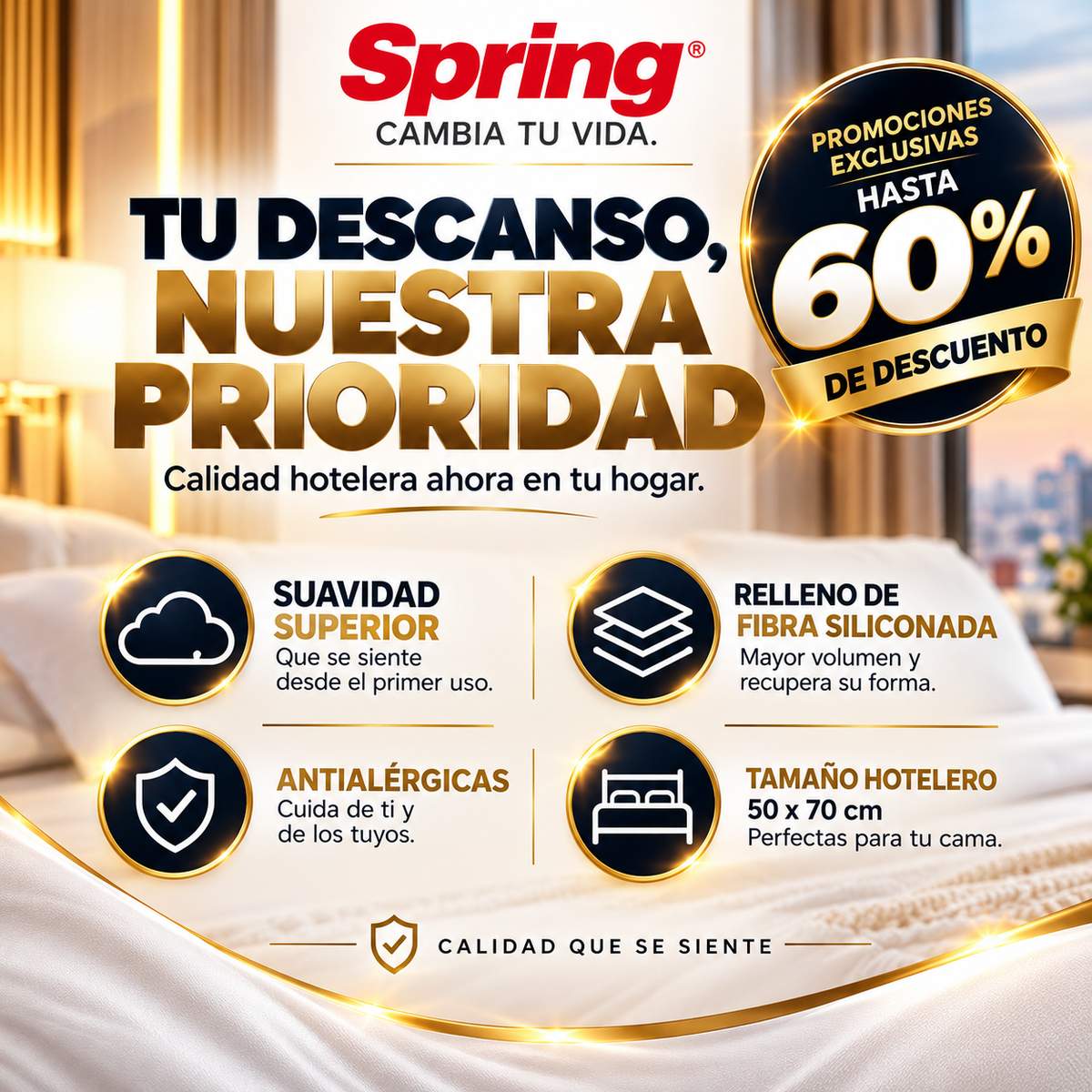 ALMOHADA HOTELERA EN TELA 300 HILOS 50X70 +GRATIS SEGUNDA UNIDAD